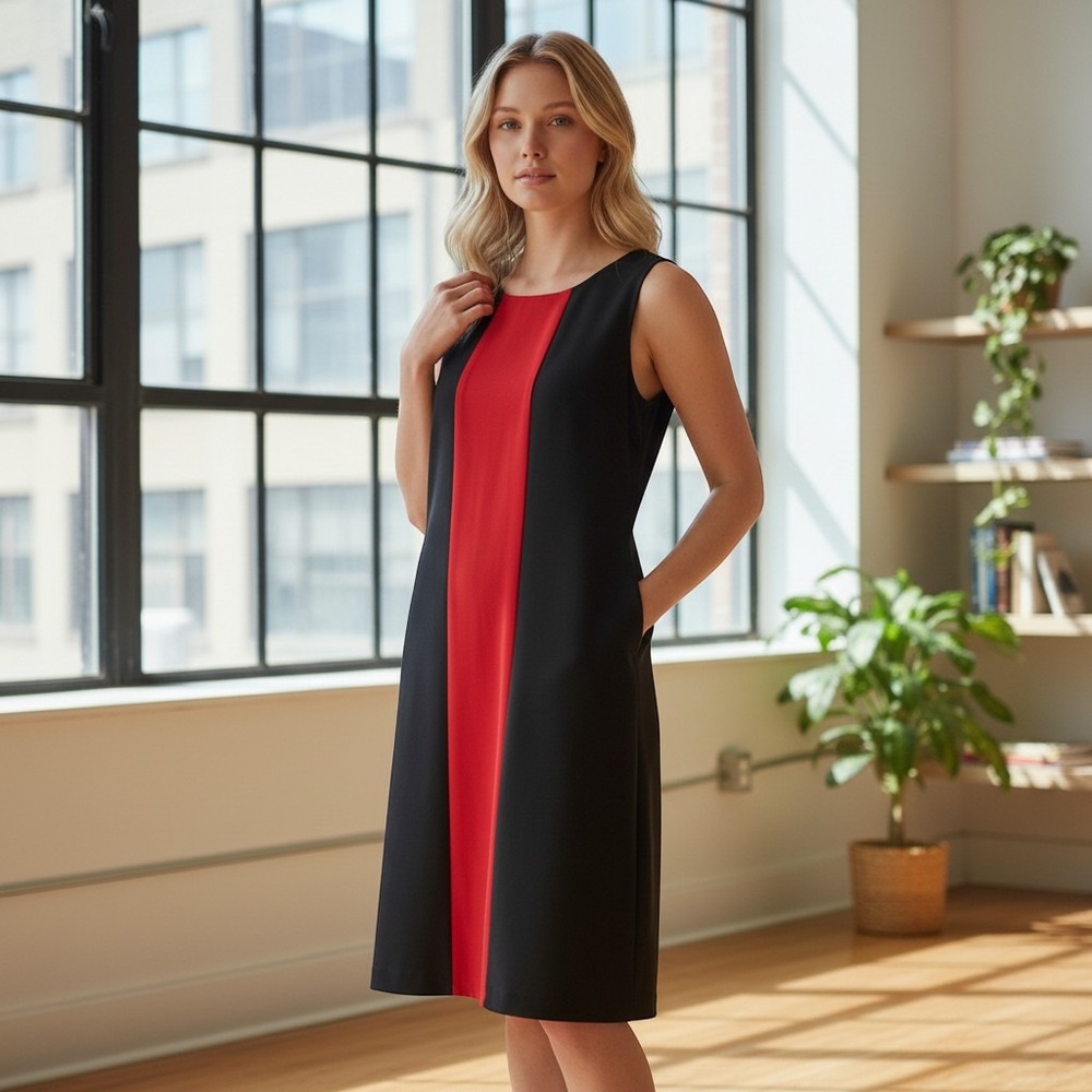 Joy Joy Shift Dress Women Large Black Red Colorblock Sleeveless Mini Zip Back